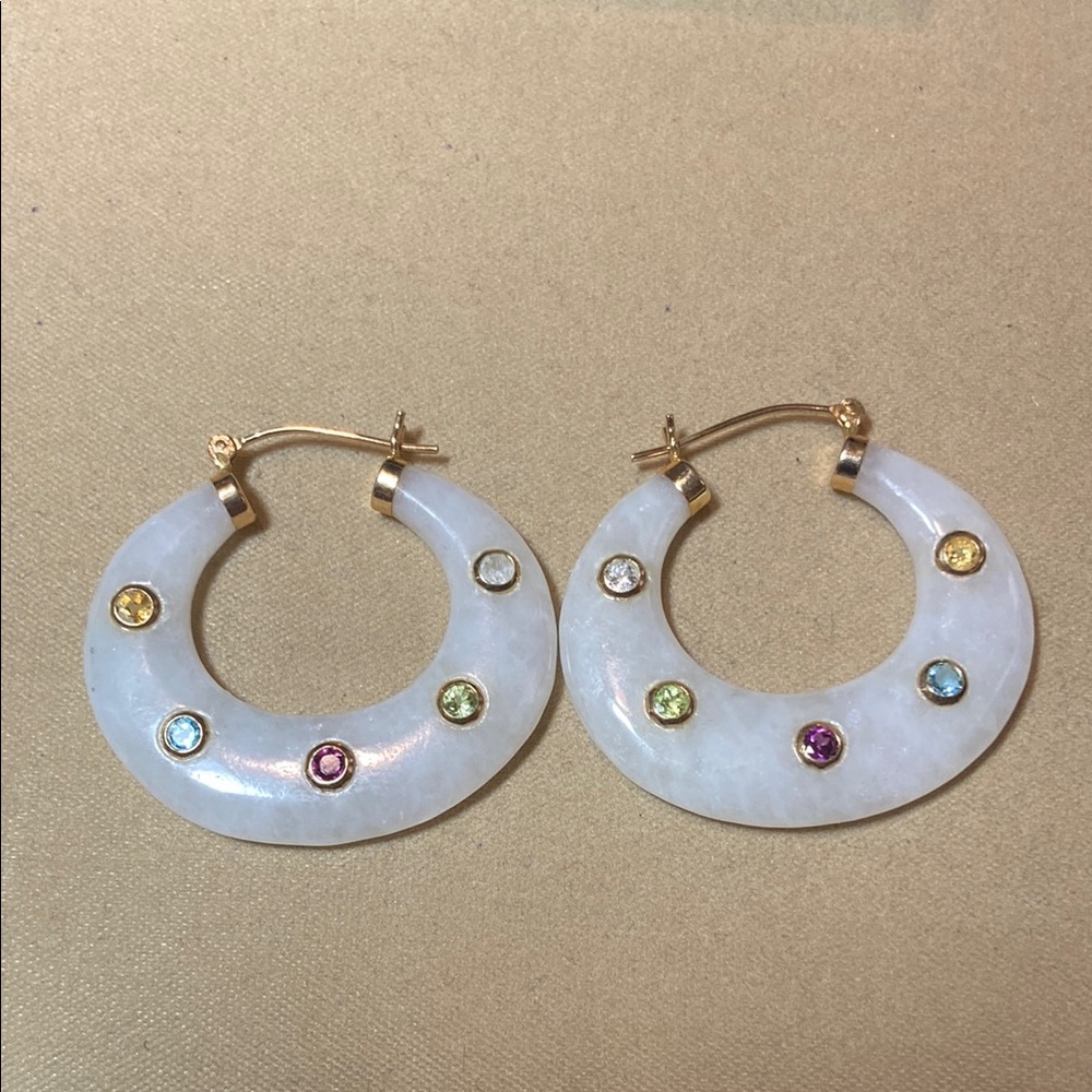 Ross-Simons Gold and White Hoop Earrings with Stud Accents